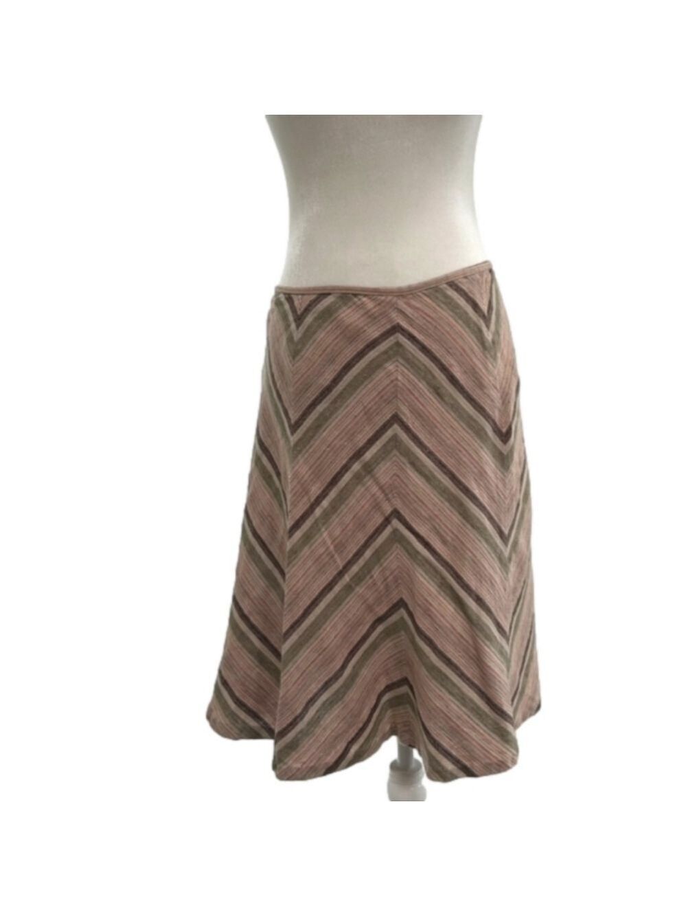 JM Collection Linen A-line Chevron Midi Brown Beige Pink Skirt Size 12